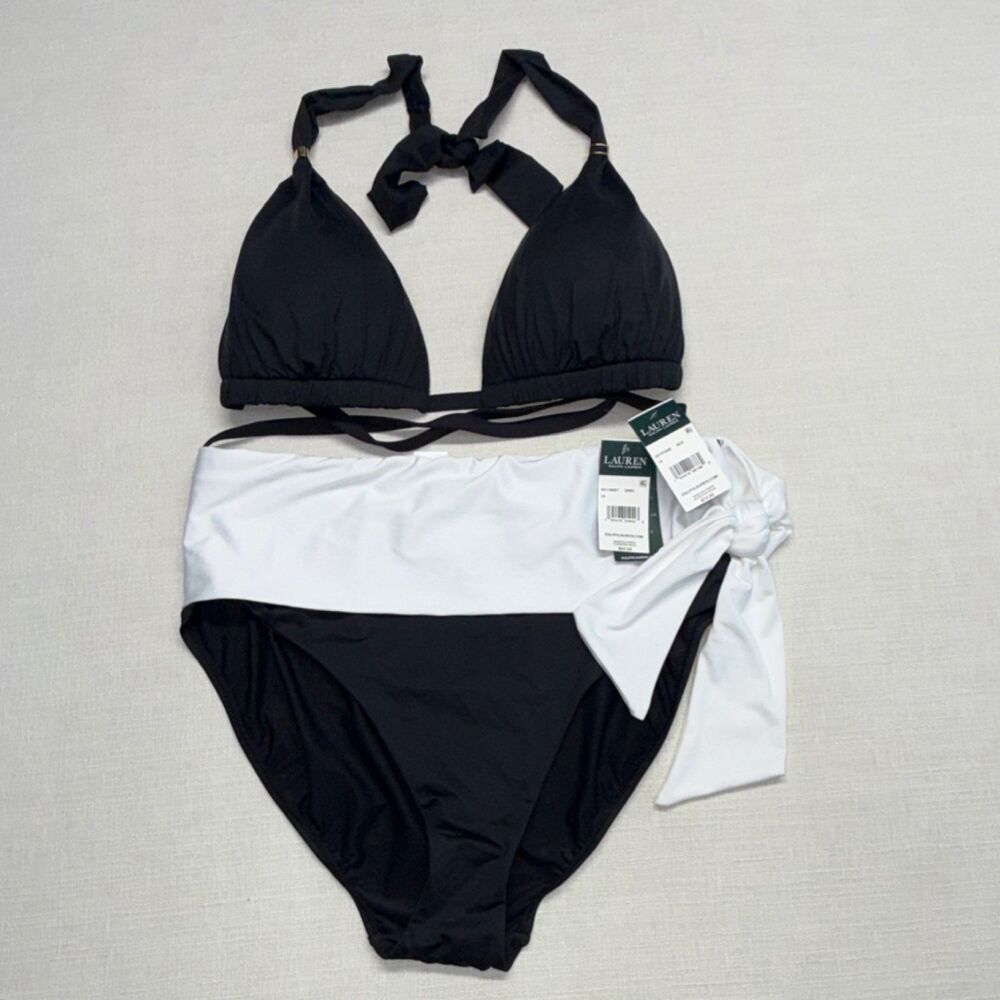 Ralph Lauren 2PC Colorblock Bikini Halter Triangle D Padded High Waist 16